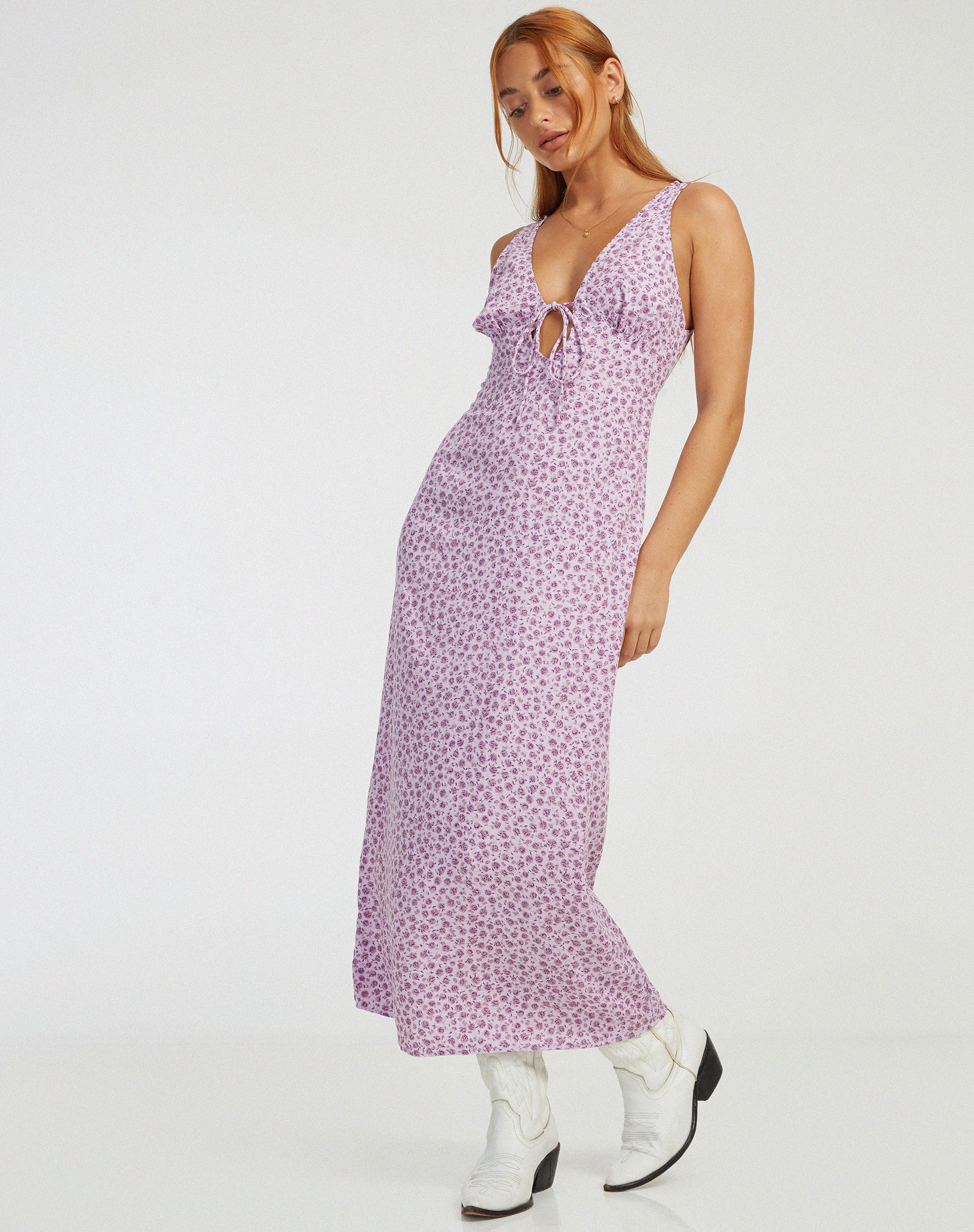 Fiaso Midi Dress in Ditsy Rose Lilac - Awmao