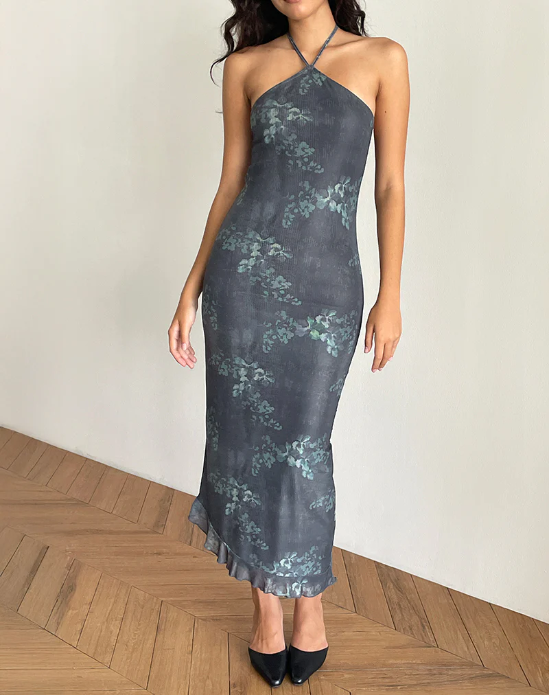 Ribka Midi Dress in Faded Botanical Green - Awmao