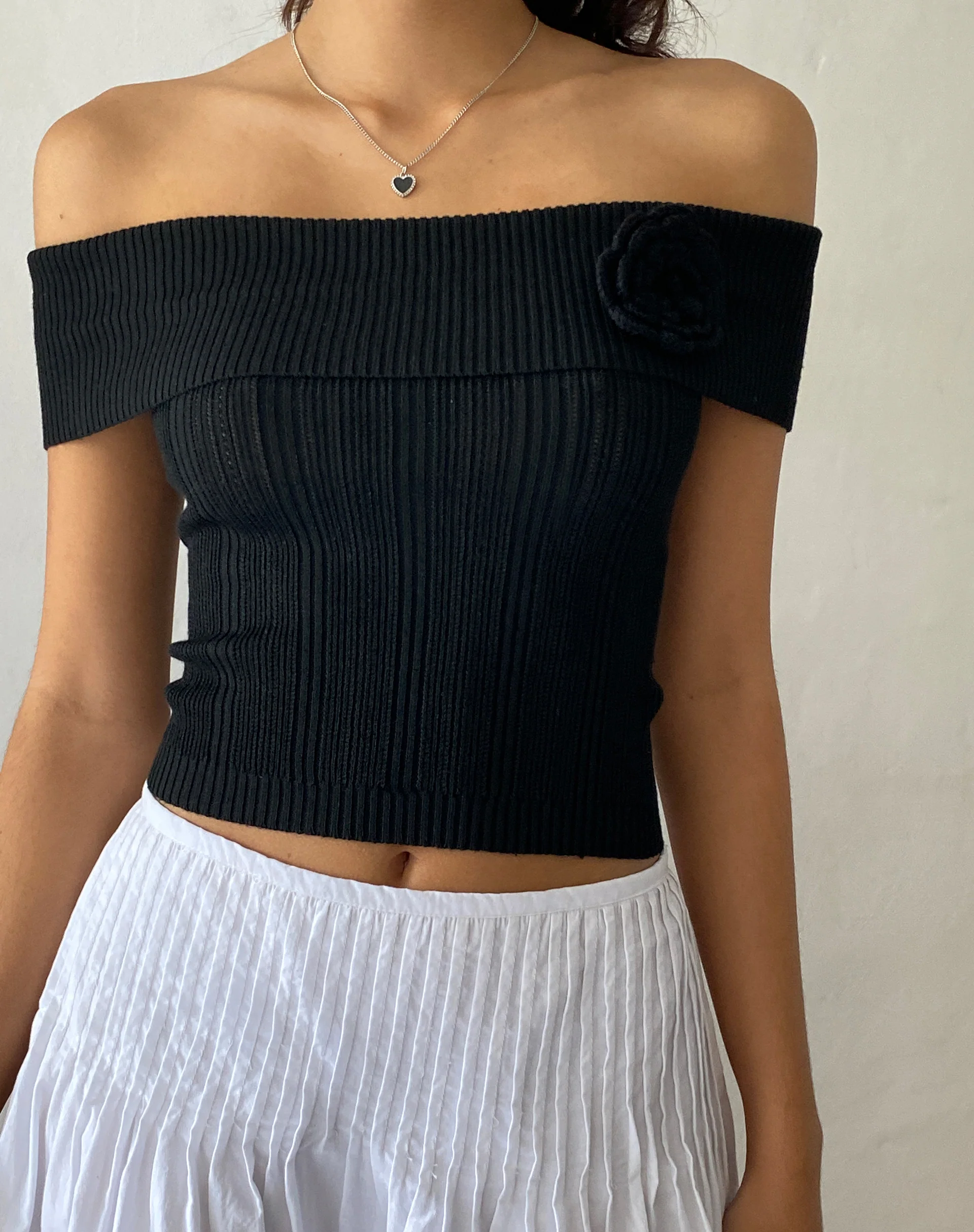 Brenda Knitted Bardot Top in Black with Rosette - Awmao