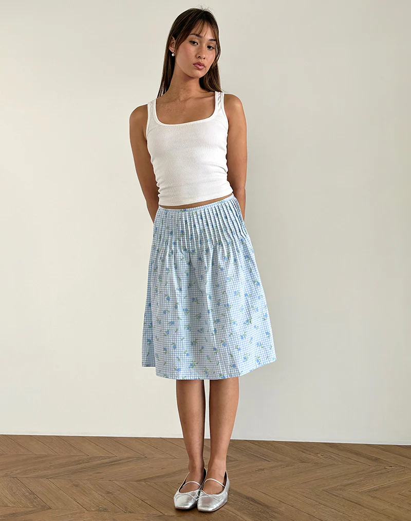 Asada Midi Skirt in Blue Flower Gingham - Awmao