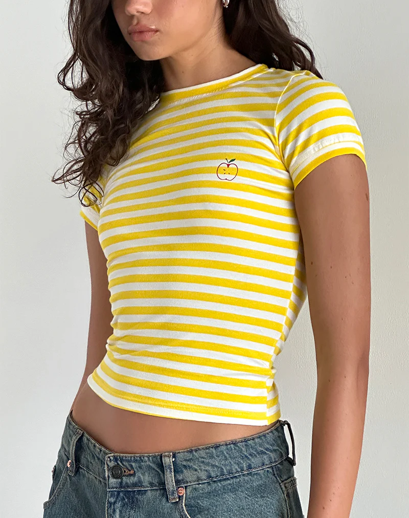 Sutin Tee in Yellow with White Stripe Apple Print - Awmao