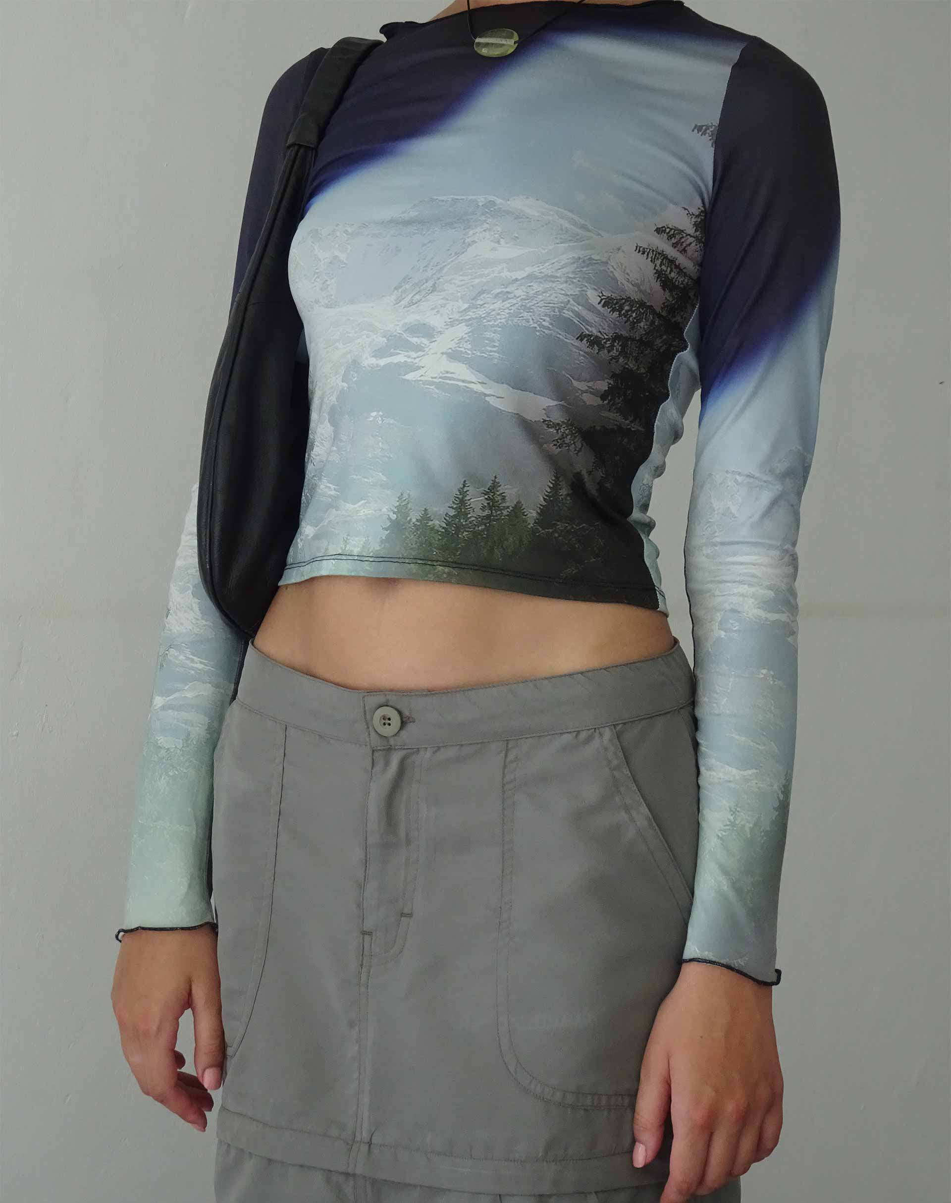 Armina Long Sleeve Crop Top in Abstract Landscape Collage - Awmao