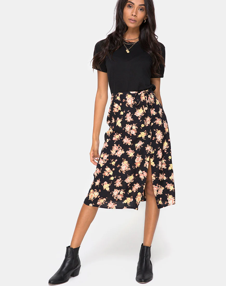 Gamaris Midi Skirt in Antique Rose Black - Awmao