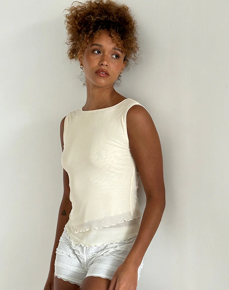 Rochie Asymmetric Top in Mesh Cream - Awmao