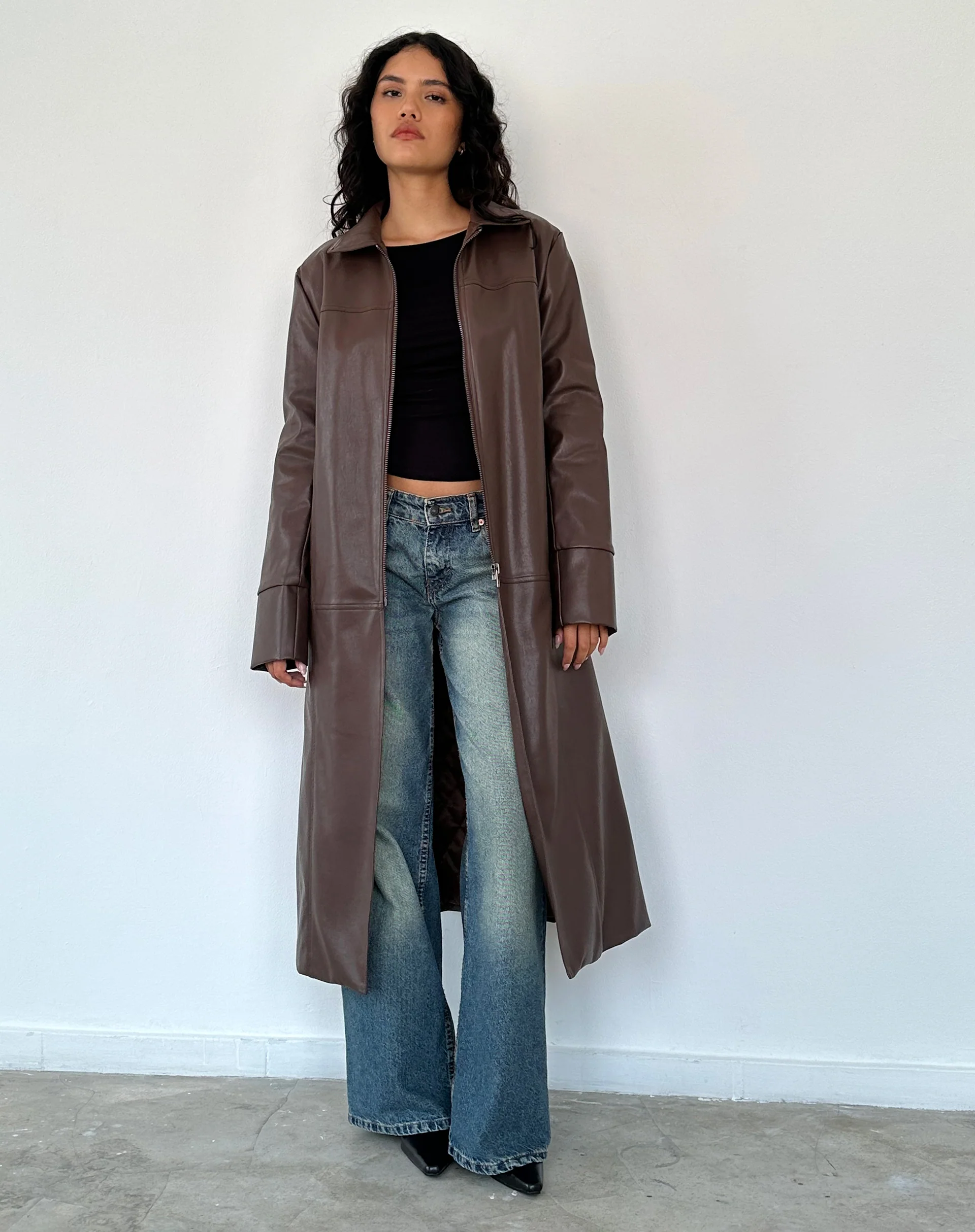 Berlin PU Trench Coat in Dark Brown - Awmao