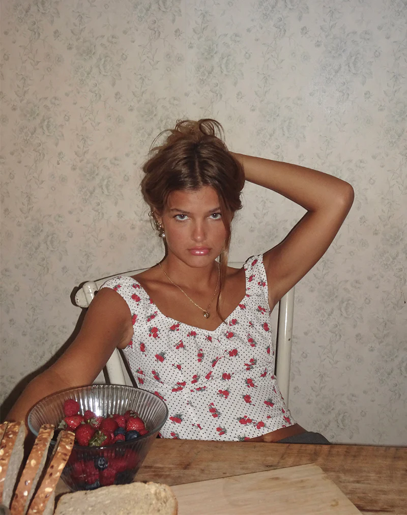 Derige Bardot Top in White Rose Polka - Awmao