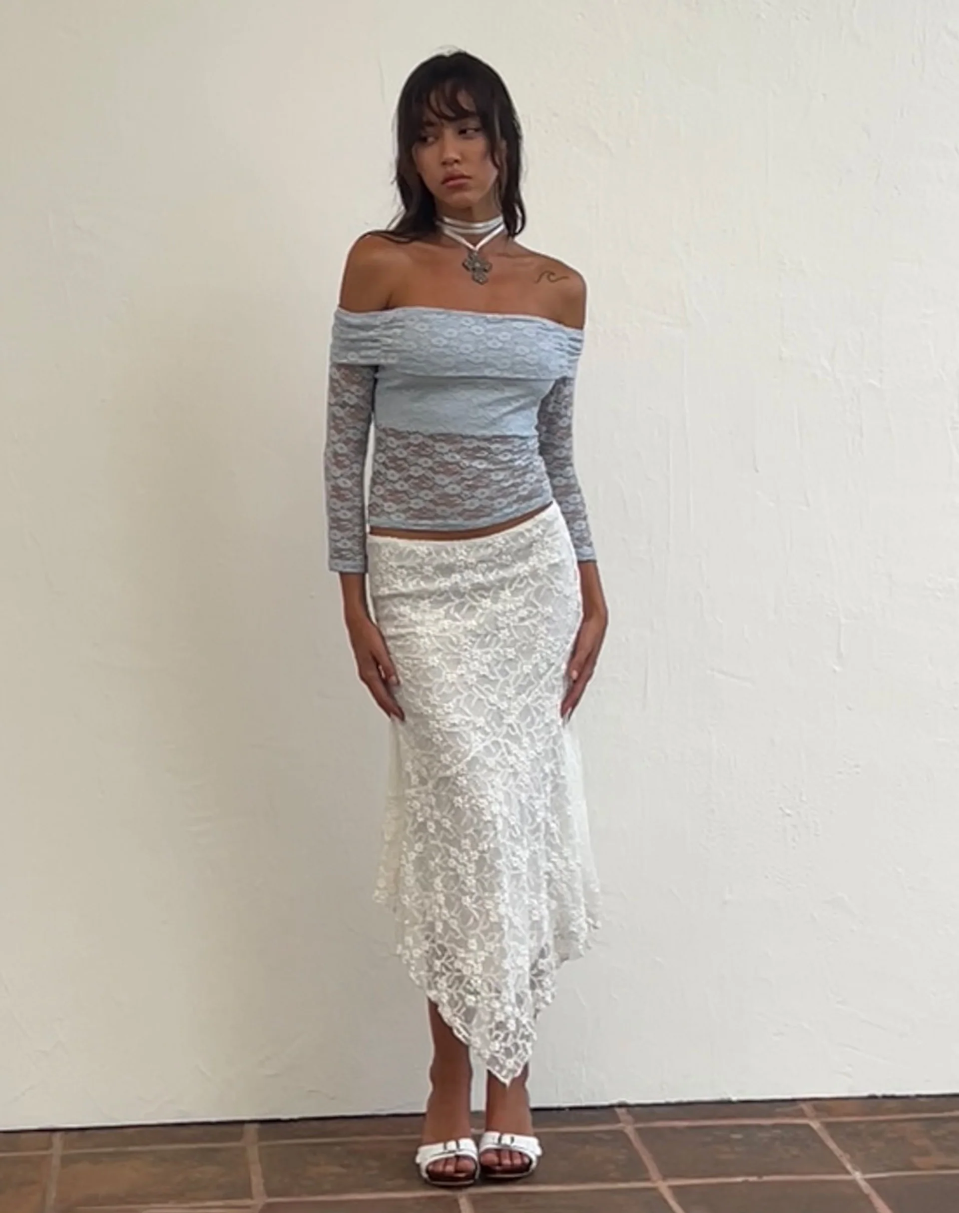 Nixie Long Sleeve Bardot Top in Lace Light Blue - Awmao