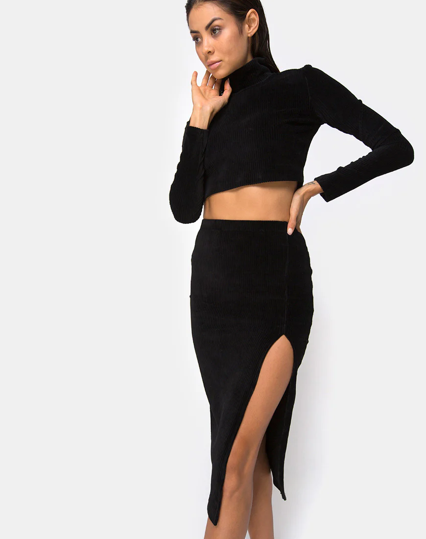 Cheri Midi Skirt in Rib Black - Awmao