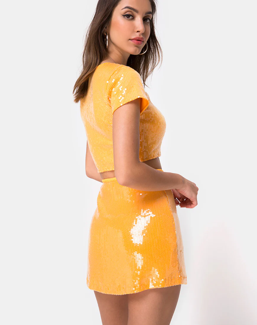 Ewi Skirt in Tangerine with Clear Sequin - Awmao