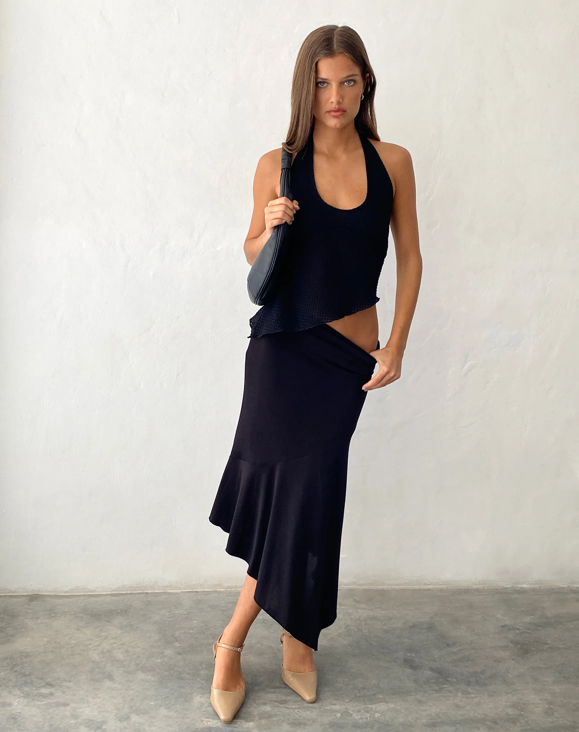 Oceane Halterneck Top in Black Textured Crochet - Awmao