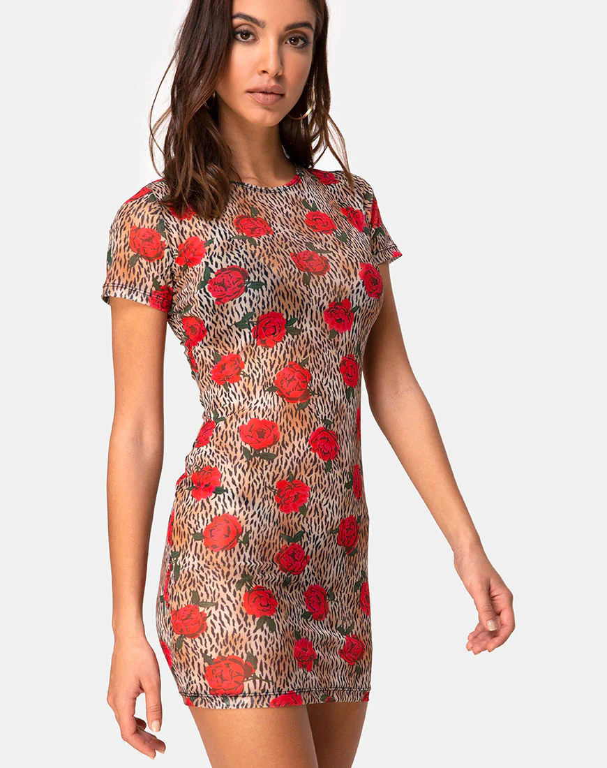 Whitney Bodycon Dress in Tiger Rose - Awmao