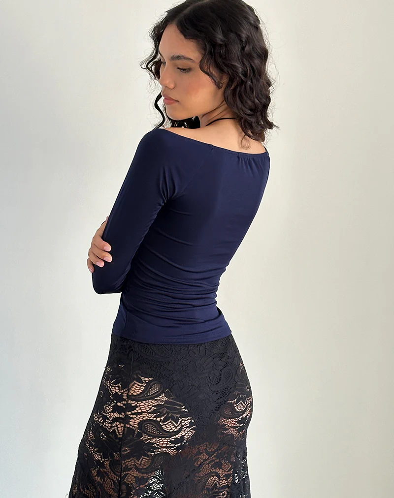 Kaisley Ruched Front Long Sleeve Top in Navy - Awmao