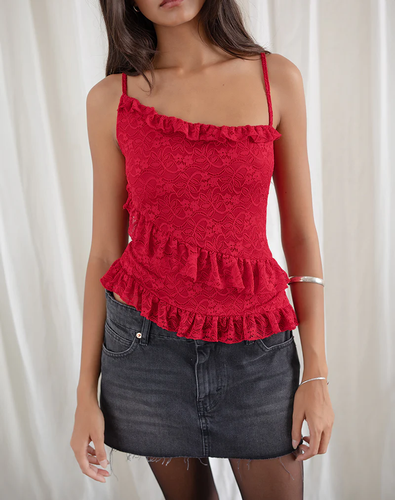 Octavia Asymmetric Cami Top in Lace Red - Awmao
