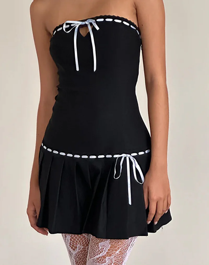 Petula Mini Dress in Black with Blue Contrast Ribbon - Awmao