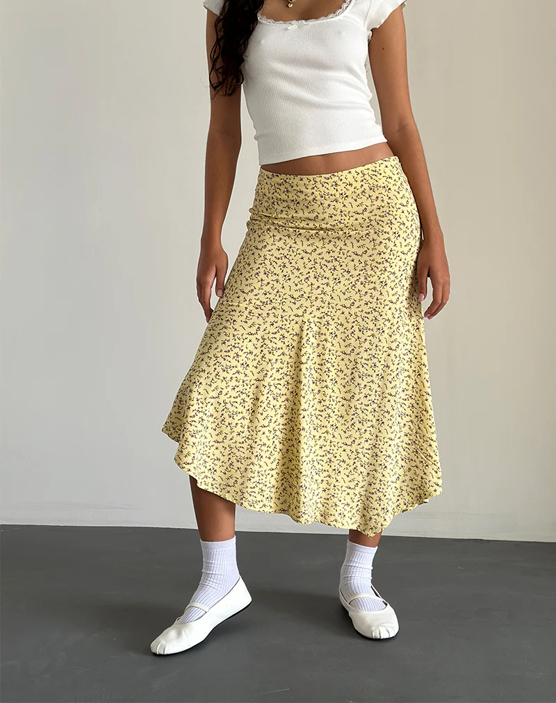 Rans Waterfall Hem Midi Skirt in Flowing Flower Yellow - Awmao