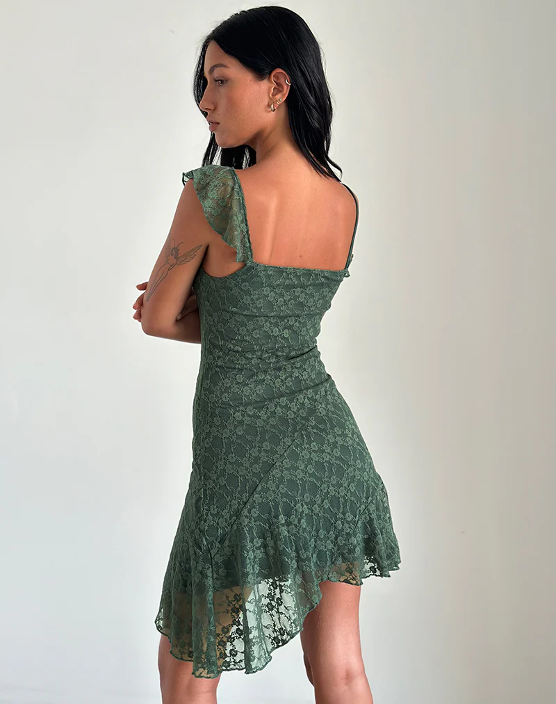 Jati Mini Dress in Sage Canina Rose Lace - Awmao