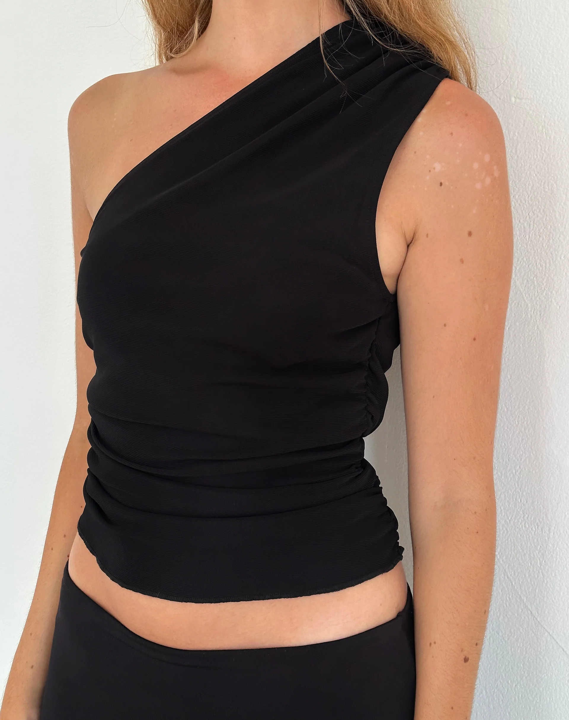 Evelina One Shoulder Top in Black Mesh - Awmao