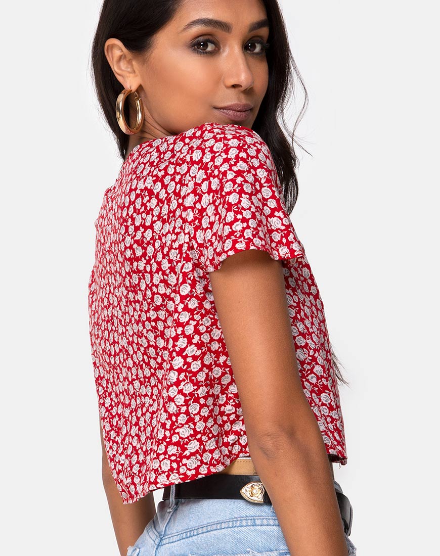 Vaco Blouse in Ditsy Red Rose and Silver - Awmao