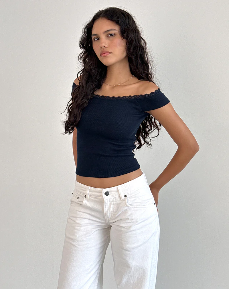 Chacha Bardot Top in Rib Lace Navy - Awmao