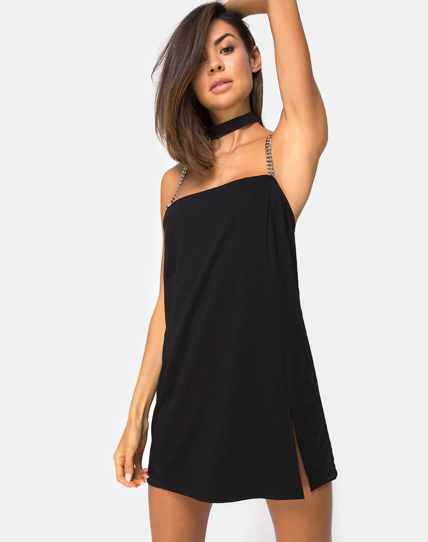 Chanista Mini Dress in Black with Silver Chain - Awmao