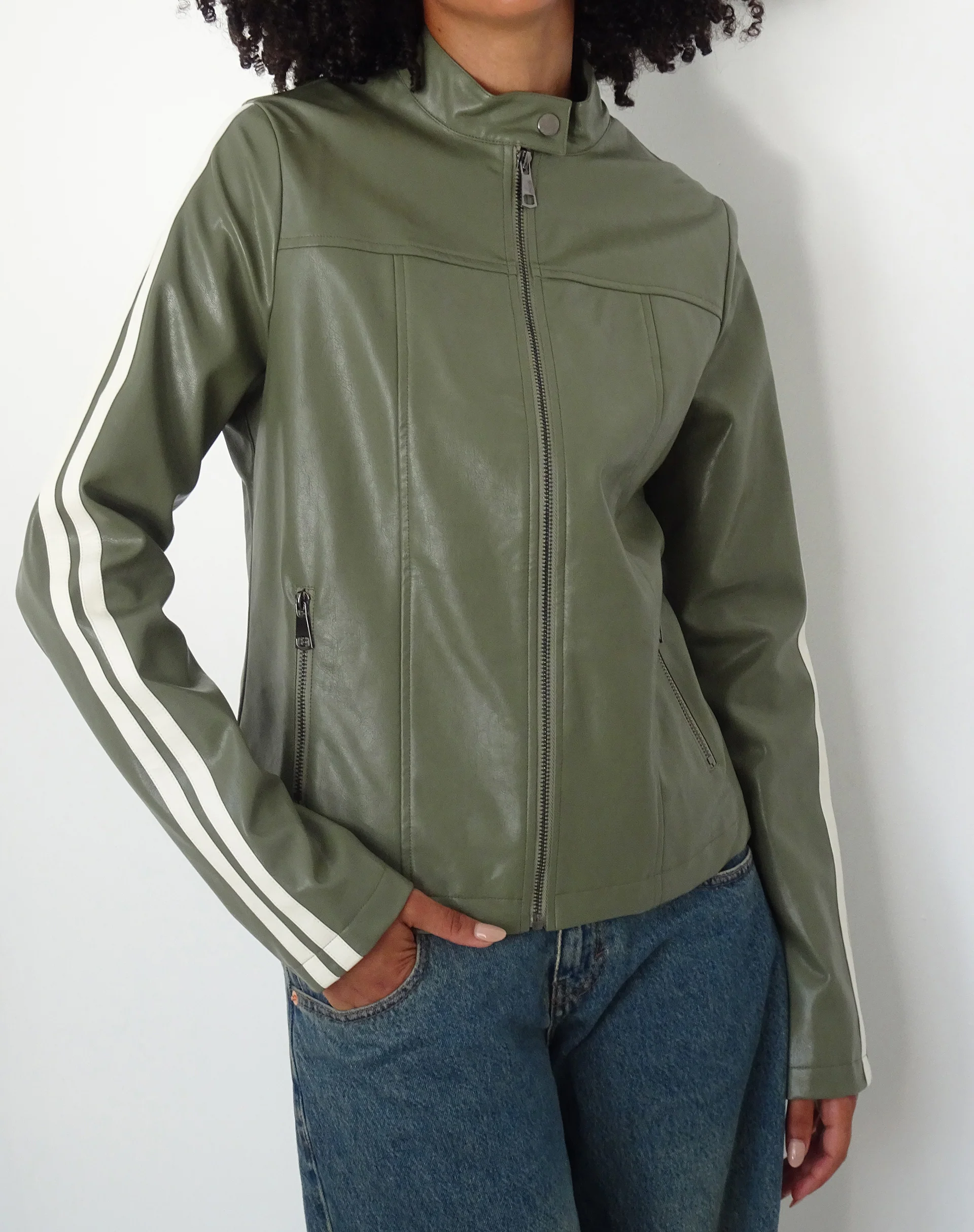 Jacquie Zip Up Biker Jacket in PU Green with Ivory Stripe - Awmao