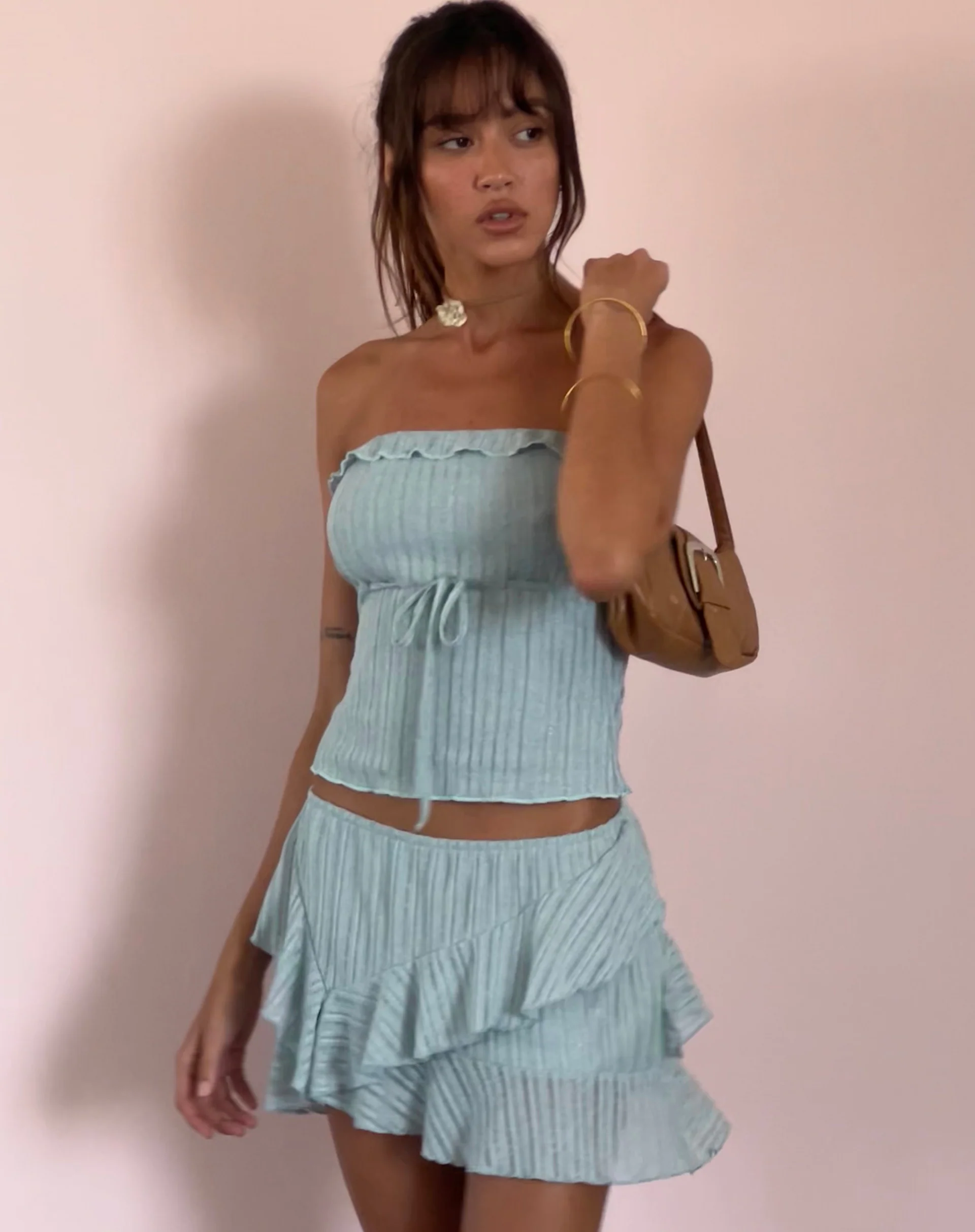 Anis Ruffle Hem Mini Skirt in Powder Blue - Awmao