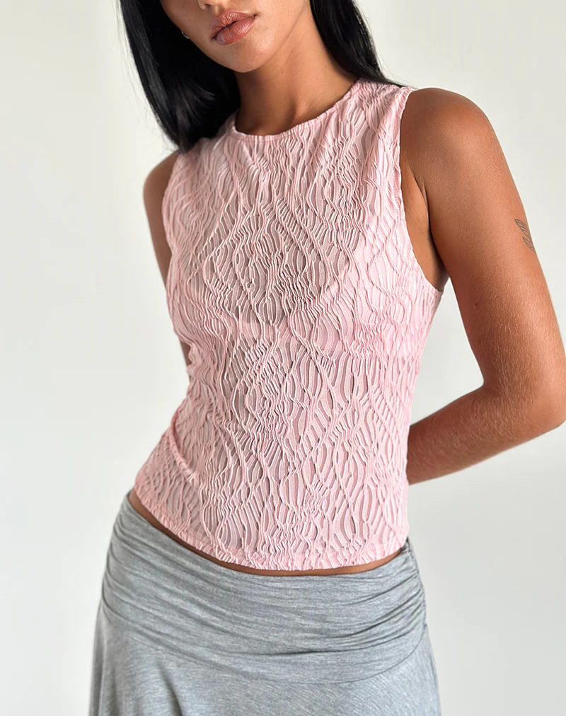 Monelo Textured Mesh Top in Sheer Pink - Awmao