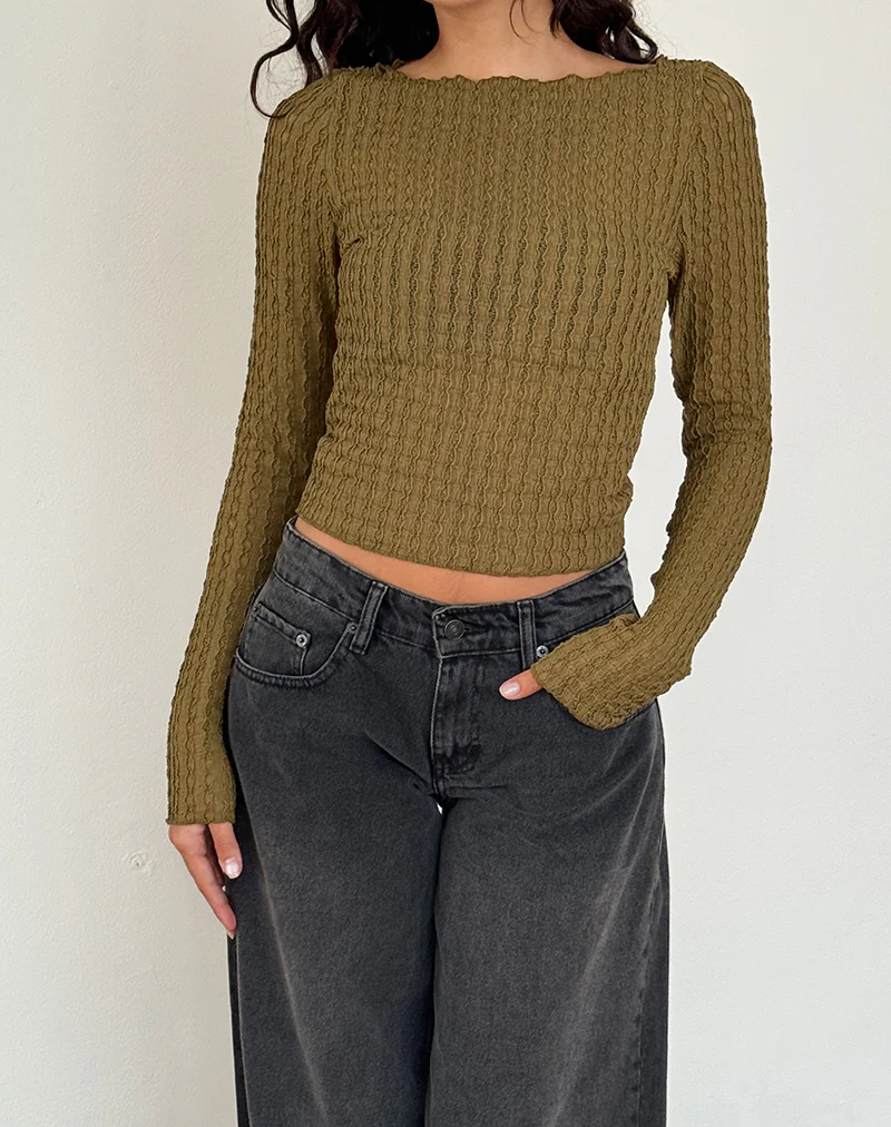 Angela Long Sleeve Top in Crinkle Olive - Awmao