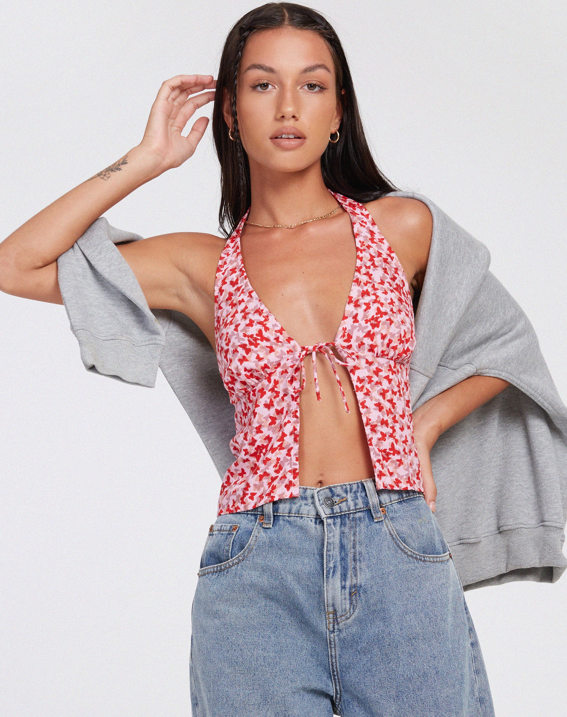 Roula Halter Top in Ditsy Butterfly Peach Red - Awmao