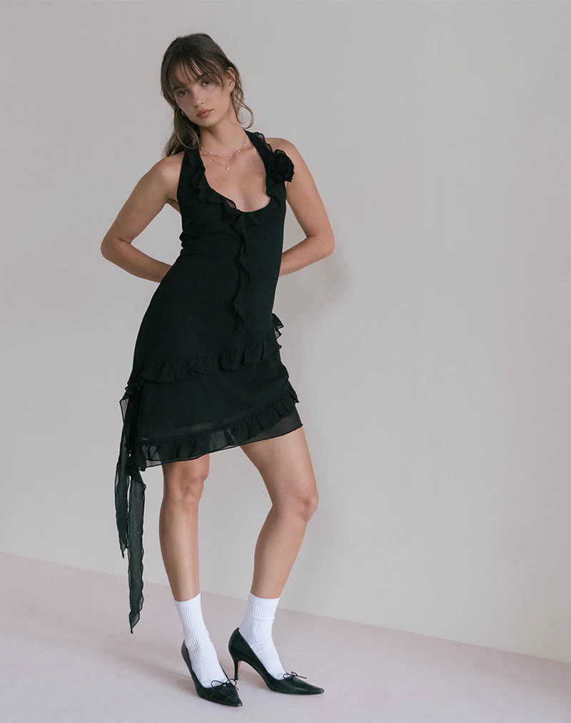 Margaret Ruffle Mini Dress in Black Chiffon with Rosette - Awmao