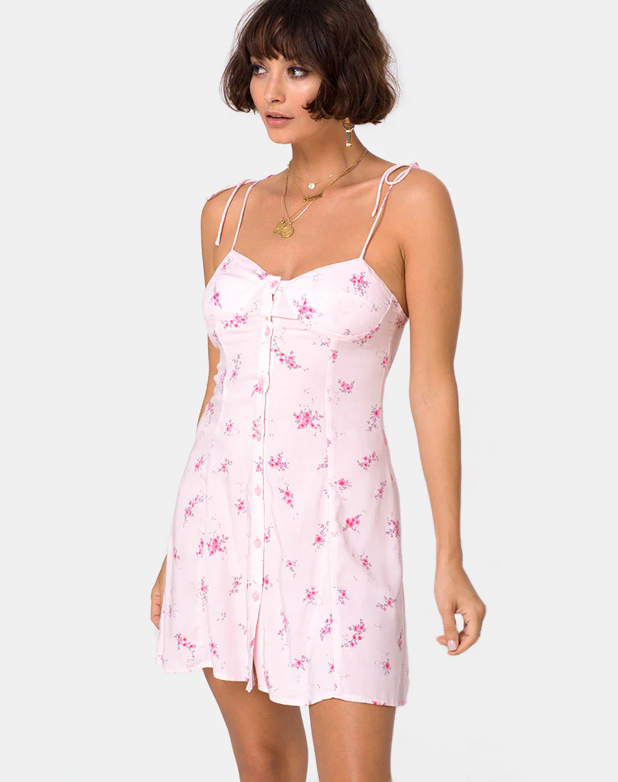Gethy Slip Dress in Forget Me Not Floral Pink - Awmao