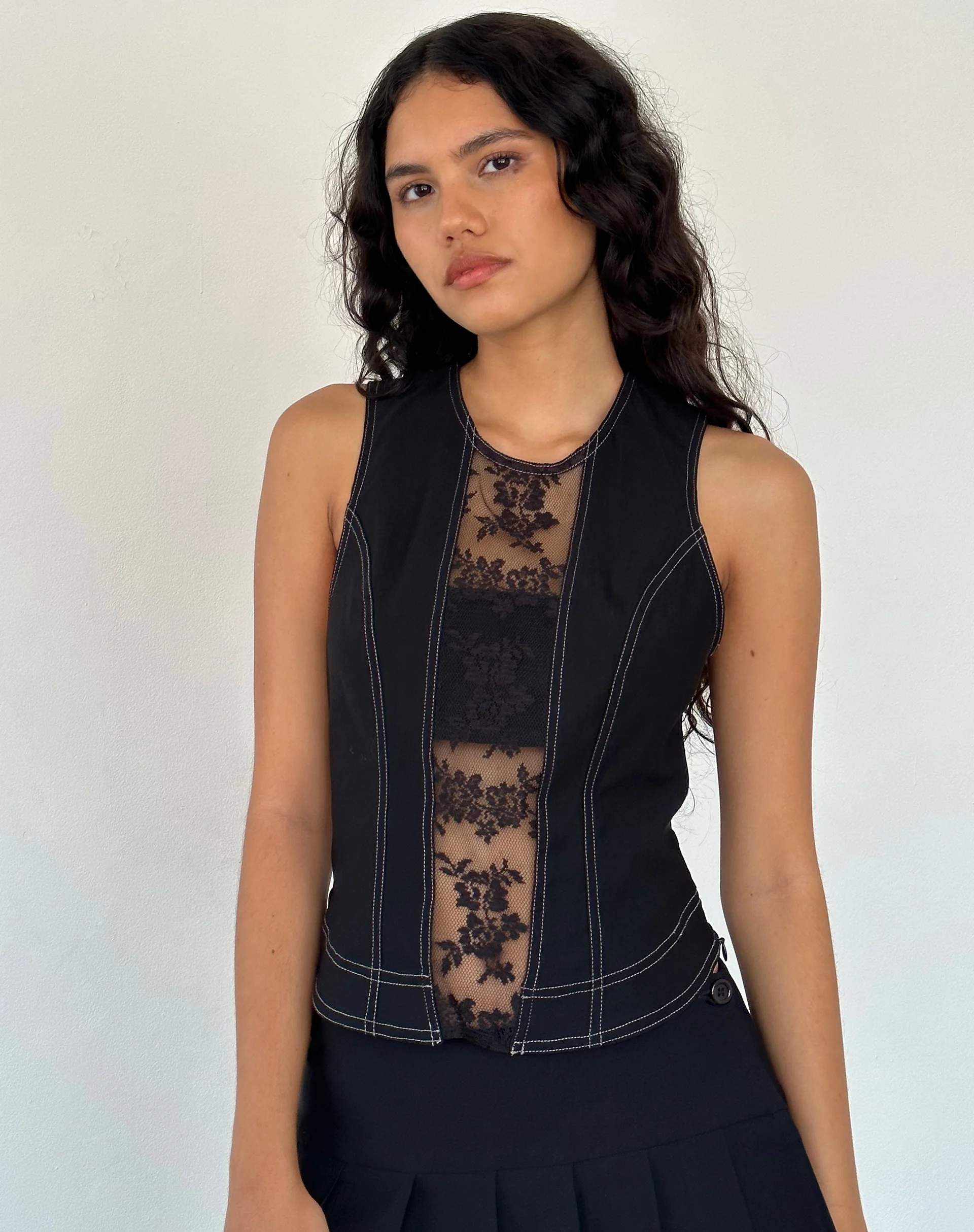 Verbena Lace Panel Top in Black Tailoring - Awmao