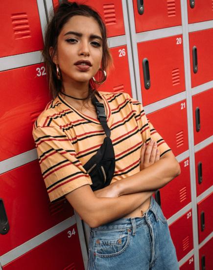 Super Cropped Tee in 70's Mustard Horizontal Stripe - Awmao