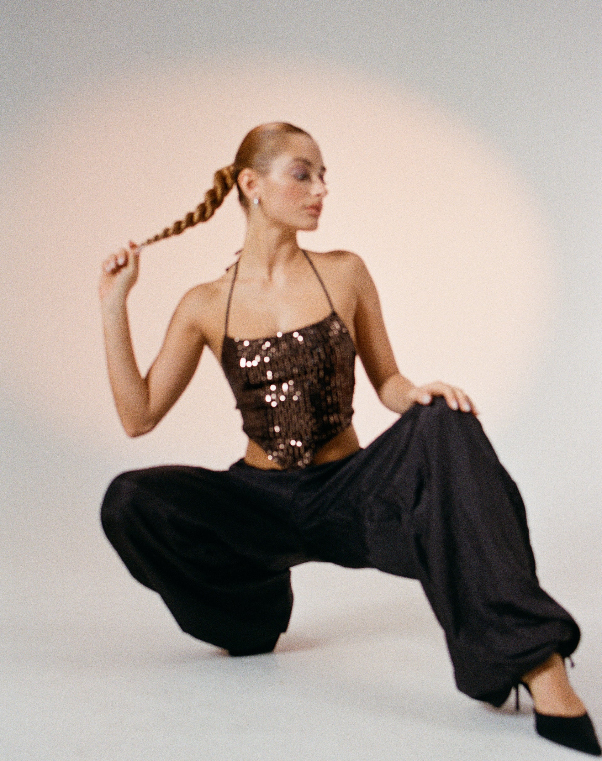 Ketida Crop Top in Drape Sequin Copper - Awmao