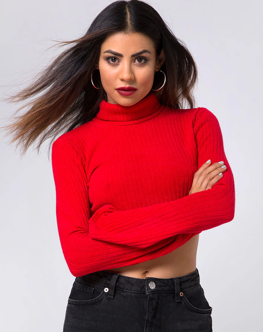 Elena Crop Top in Rib Knit Red - Awmao