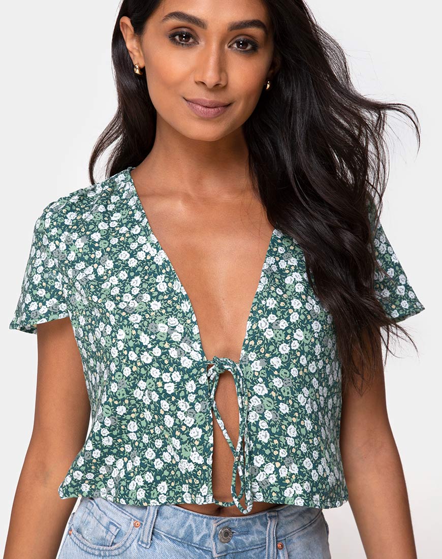 Vaco Blouse in Floral Field Green - Awmao