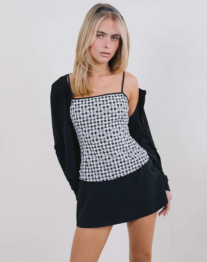 Jeiha Cami Top in Floral Gingham Black - Awmao
