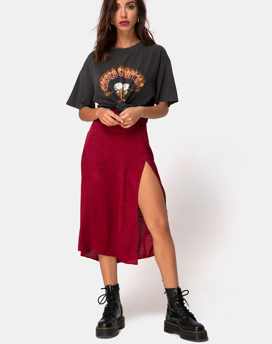 Saika Midi Skirt in Satin Cheetah Raspberry - Awmao