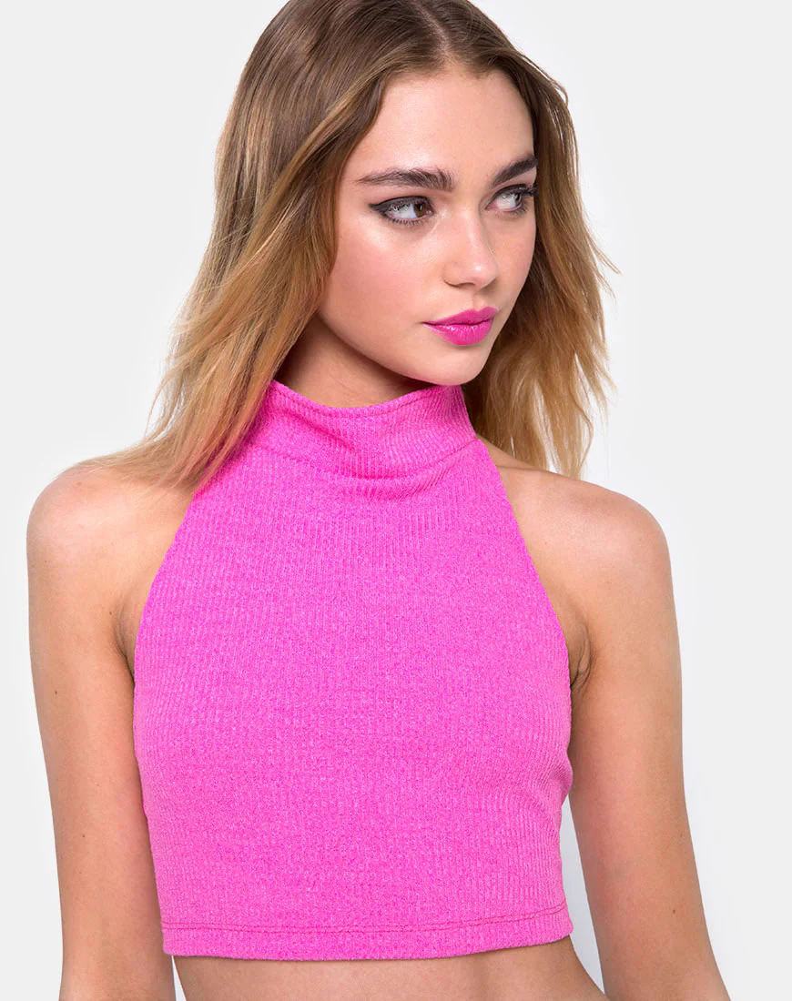 Sharma Crop Top in Knit Crink Hot Pink - Awmao