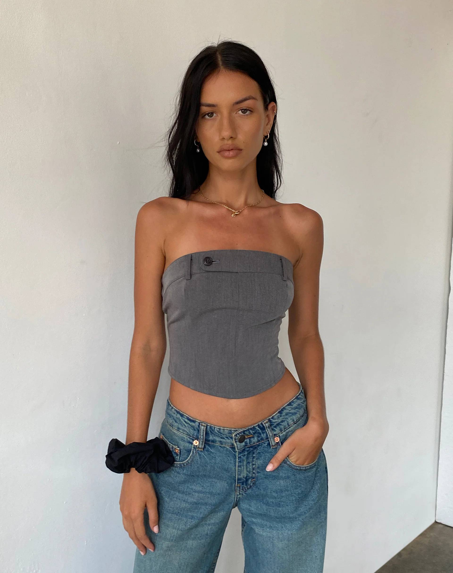 Manaf Belt Detail Corset Top in Tailoring Charcoal - Awmao