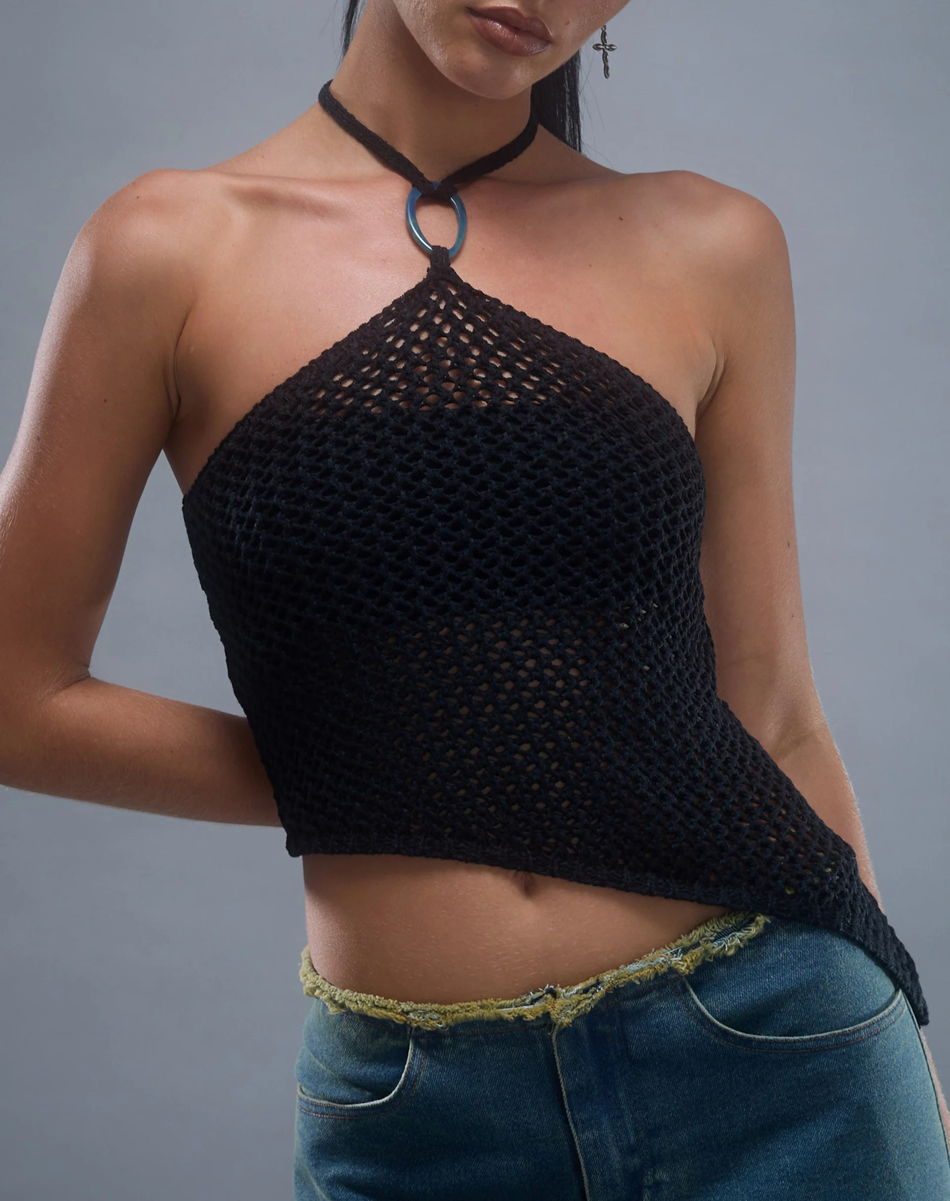 Royani Halterneck Top in Black Knit - Awmao