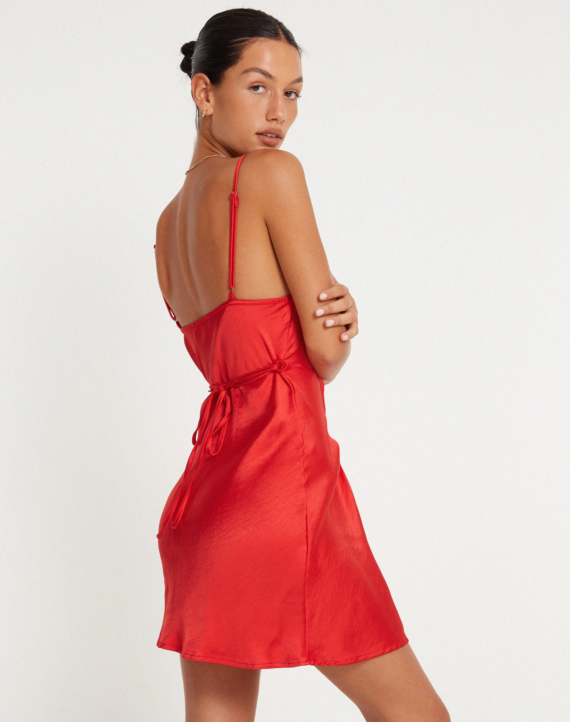 Paiva Slip Dress in Satin Red - Awmao