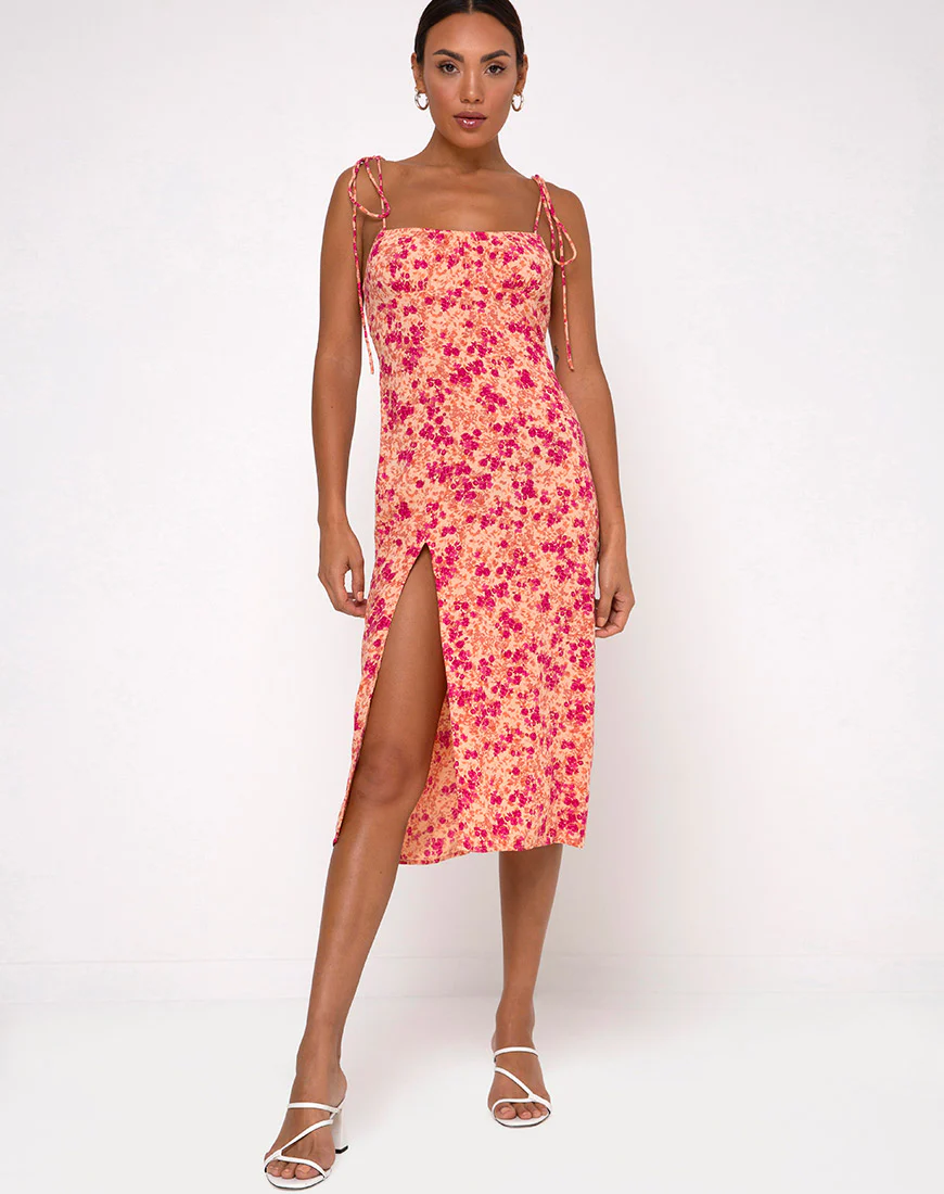 Lotie Midi Dress in Dark Wild Flower Cantaloupe - Awmao