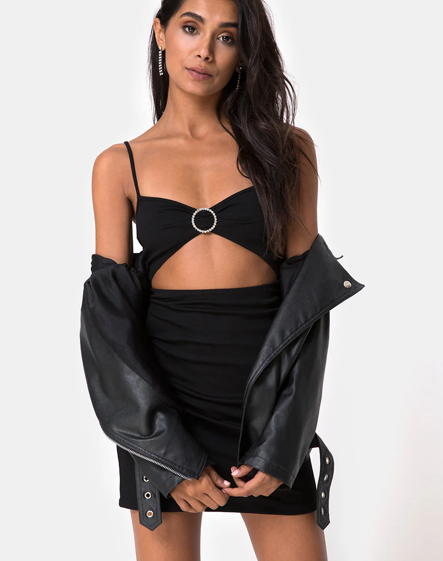 Venchy Bodycon Dress in Diamante Ring Black - Awmao