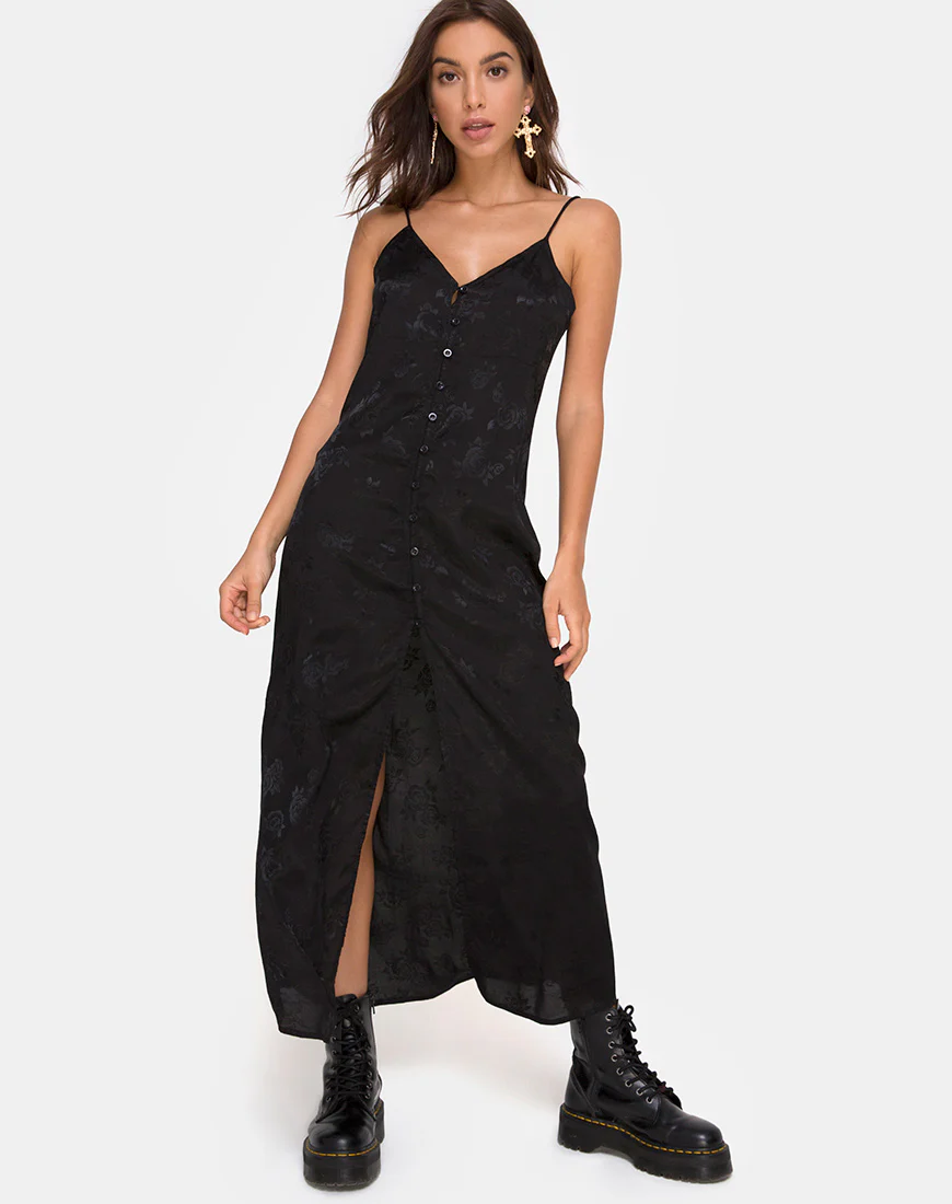 Senia Dress in Satin Rose Black - Awmao