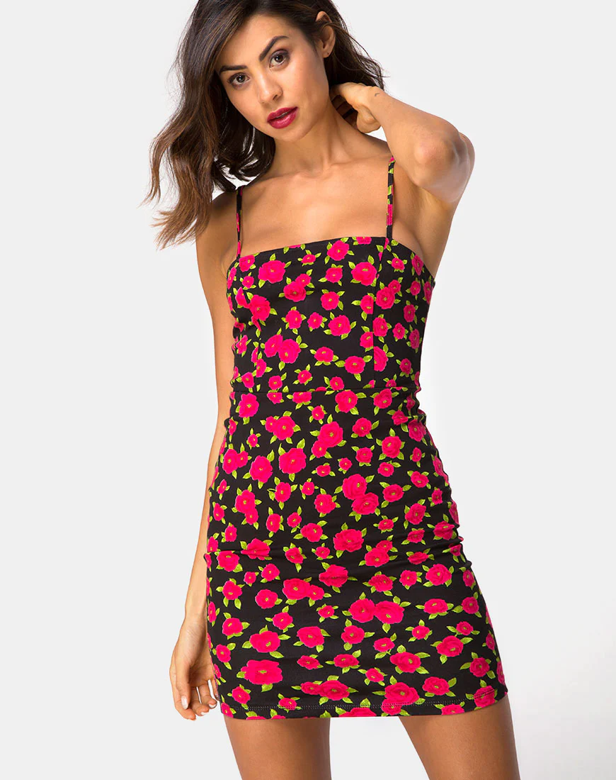 Boco Bodycon Dress in Red Bloom - Awmao