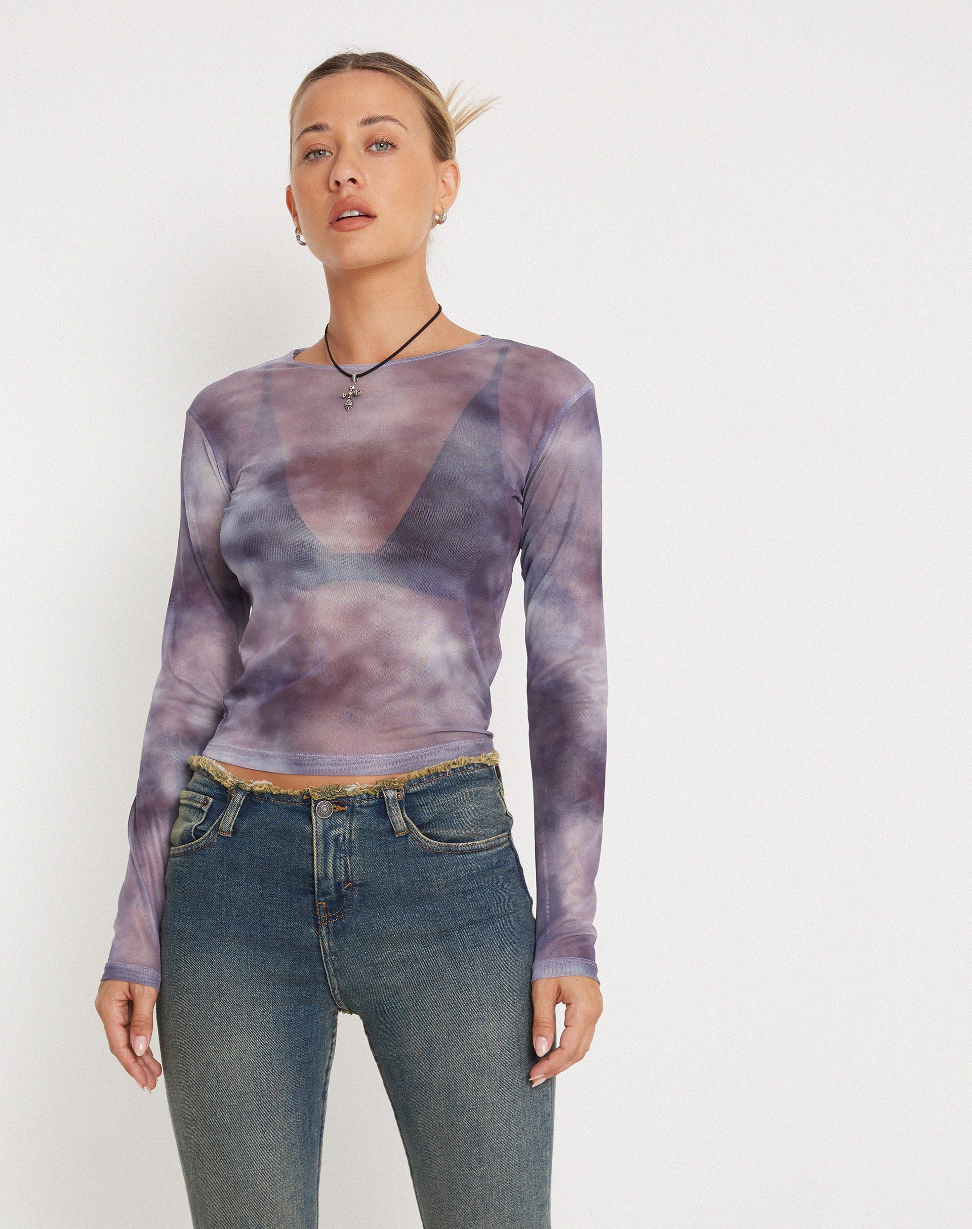 Narita Long Sleeve Mesh Crop Top in Smokey Gradients Purple - Awmao