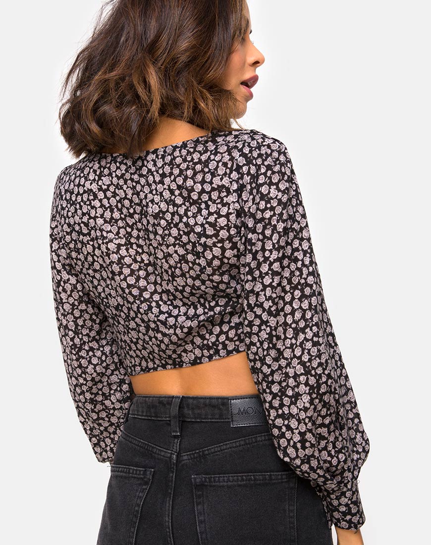 Gazalo Cropped Top in Ditsy Rose Black - Awmao