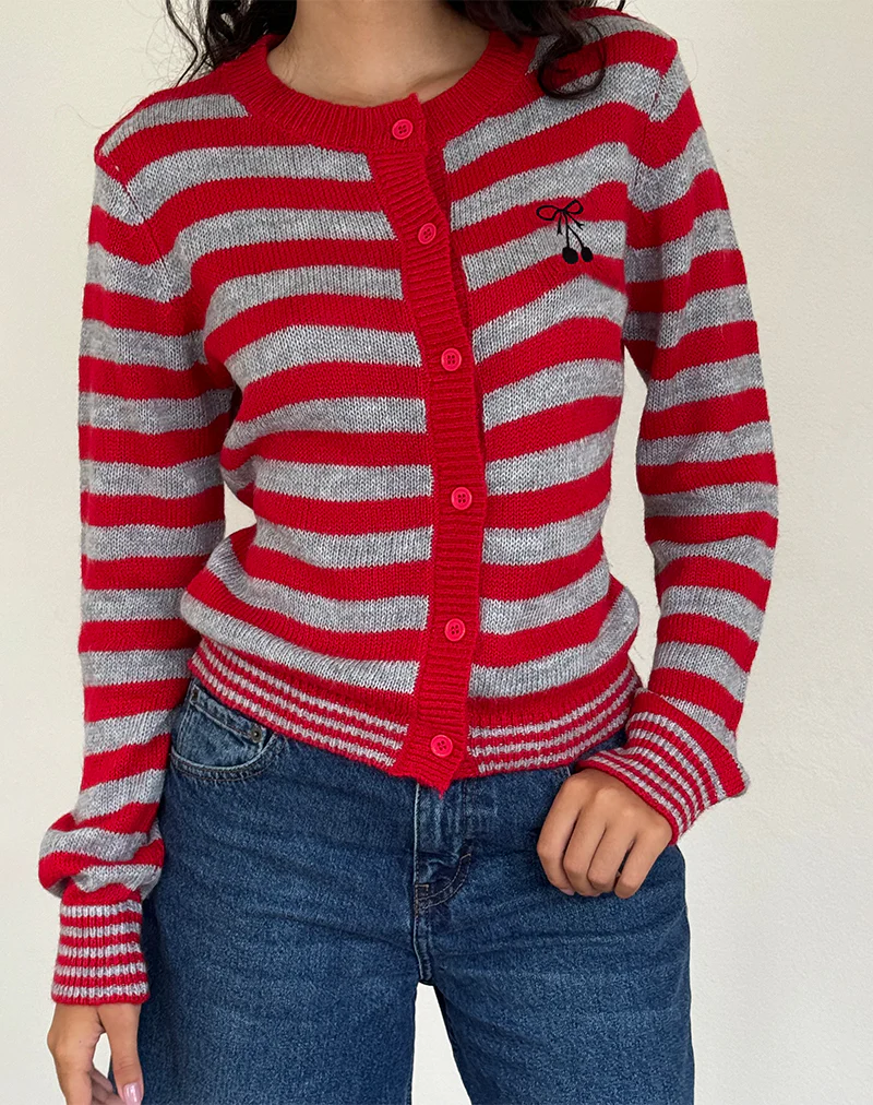 Henidar Cardigan in Red and Grey Stripe with Cherry Emb - Awmao