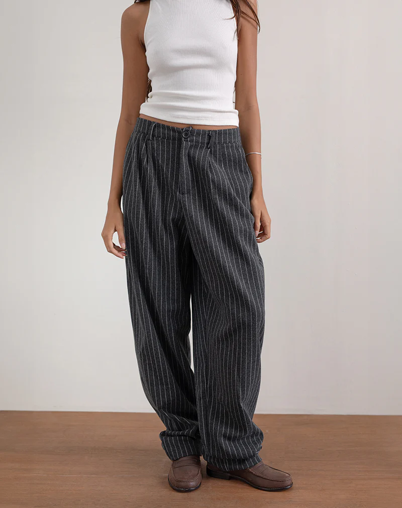 Misha Wide Leg Trouser in Pinstripe Black - Awmao